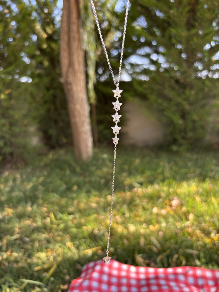 Pirinç Yıldızlı Silver Y Kolye