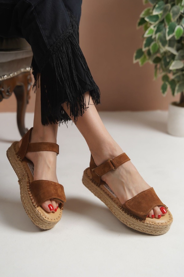 Taba Süet Hakiki Deri Günlük Sandalet Espadril Ayakkabı