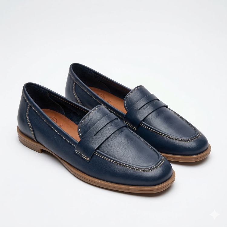 LACİVERT Hakiki Deri Loafer Babet