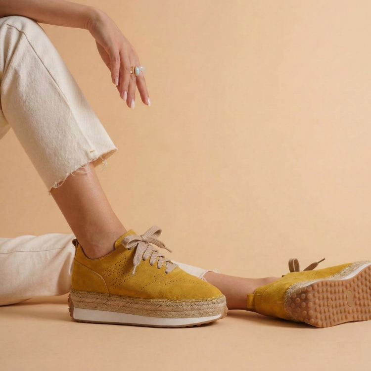 Hardal Süet Detaylı Hakiki Deri Sneaker Espadril