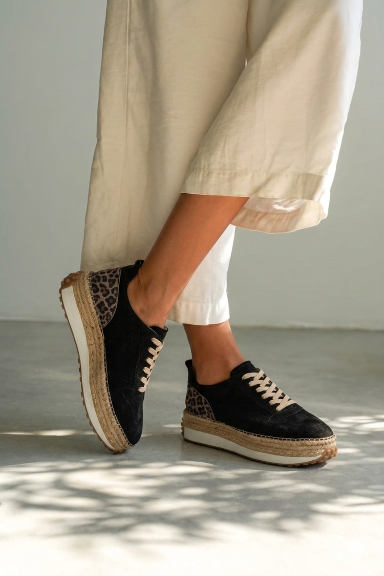 Siyah Süet Leopar Detaylı Hakiki Deri Sneaker Espadril