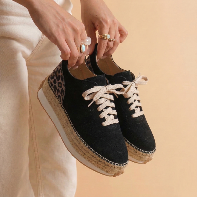 Siyah Süet Leopar Detaylı Hakiki Deri Sneaker Espadril
