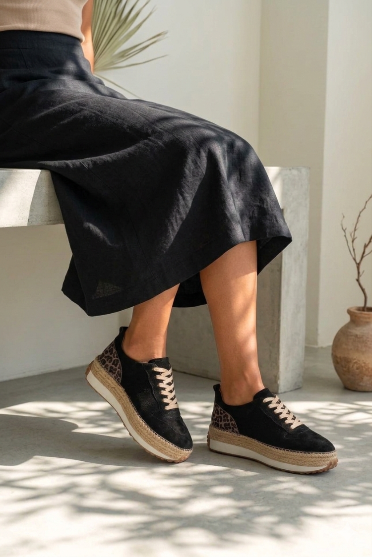 Siyah Süet Leopar Detaylı Hakiki Deri Sneaker Espadril
