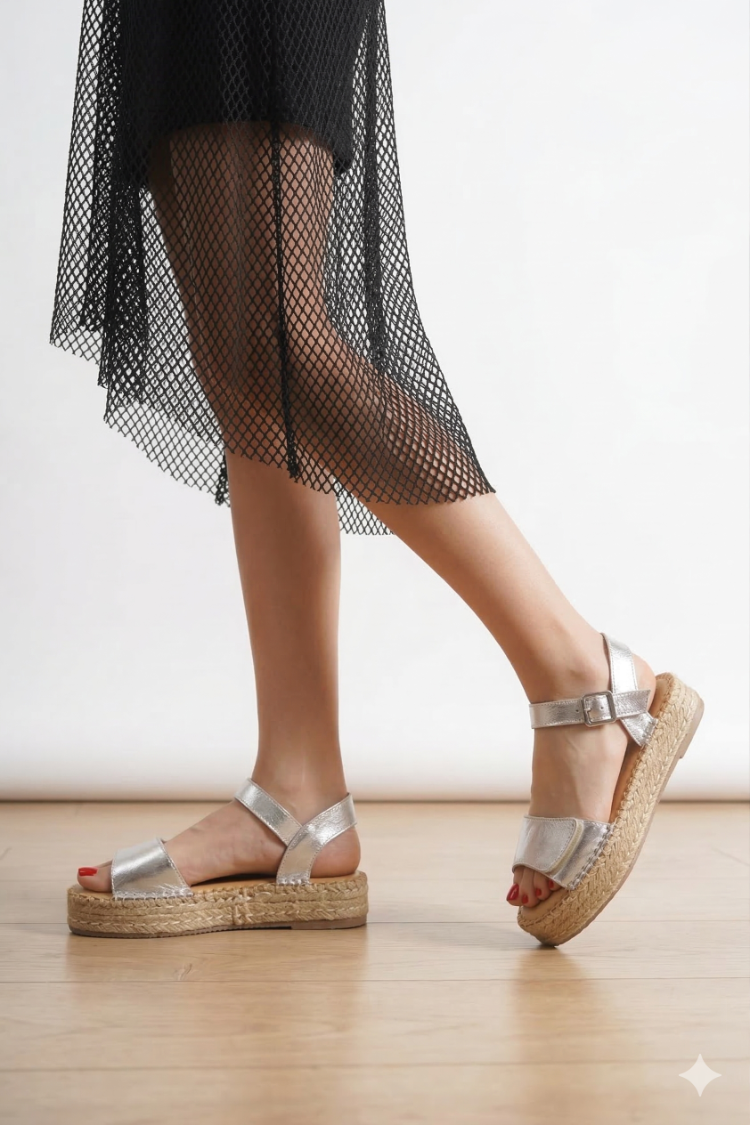 Gümüş Hakiki Deri Günlük Sandalet Espadril Ayakkabı