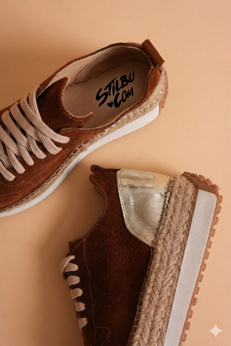 Taba Süet & Altın Detaylı Hakiki Deri Sneaker Espadril