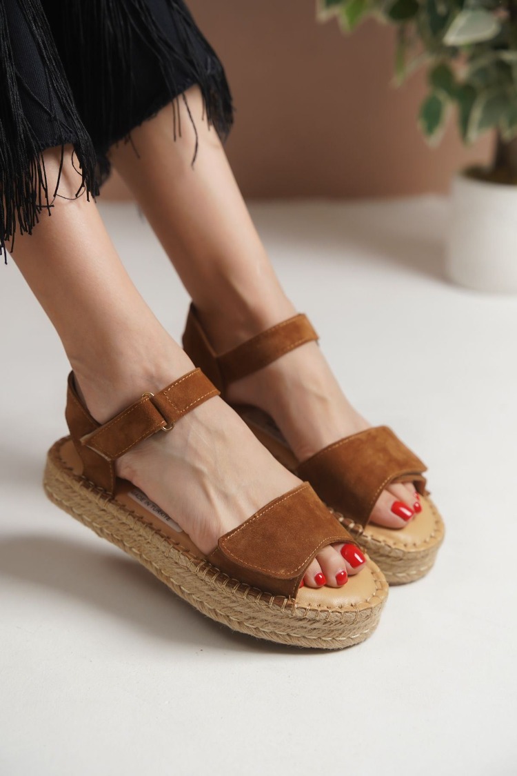 Taba Süet Hakiki Deri Günlük Sandalet Espadril Ayakkabı