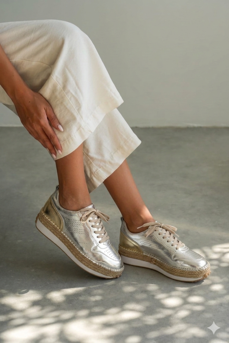 Gümüş & Bej Deri Detaylı Hakiki Deri Sneaker Espadril