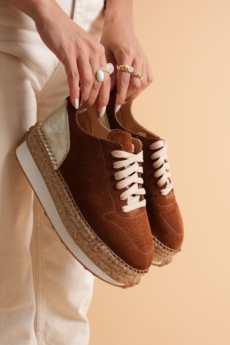 Taba Süet & Altın Detaylı Hakiki Deri Sneaker Espadril