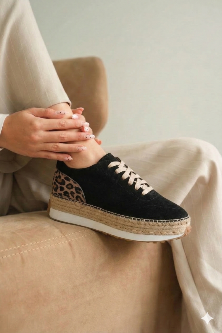 Siyah Süet Leopar Detaylı Hakiki Deri Sneaker Espadril