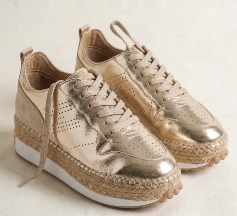 Altın & Bej Süet Detaylı Hakiki Deri Sneaker Espadril