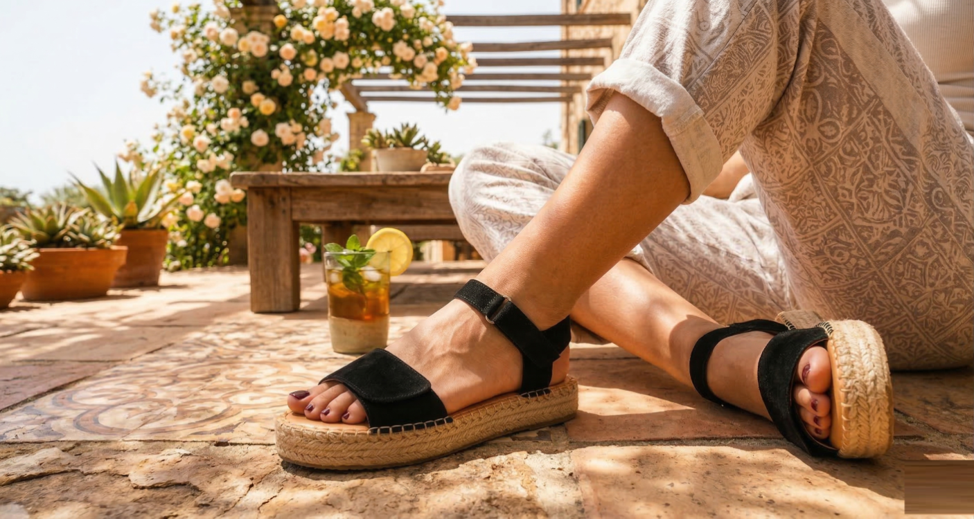 Siyah Süet Hakiki Deri Günlük Sandalet Espadril Ayakkabı