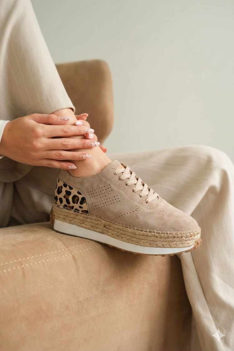 Bej Süet Detaylı Hakiki Deri Sneaker Espadril