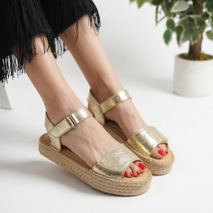 Altın Rengi Hakiki Deri Günlük Sandalet Espadril Ayakkabı
