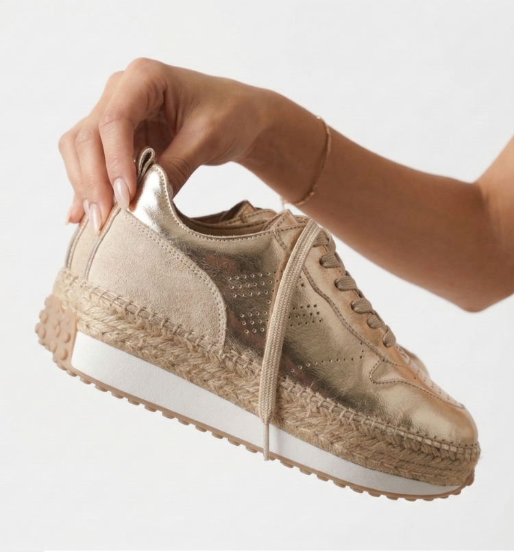 Altın & Bej Süet Detaylı Hakiki Deri Sneaker Espadril