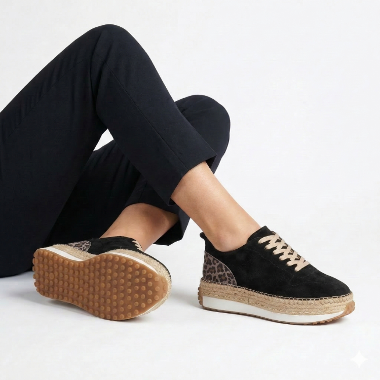 Siyah Süet Leopar Detaylı Hakiki Deri Sneaker Espadril
