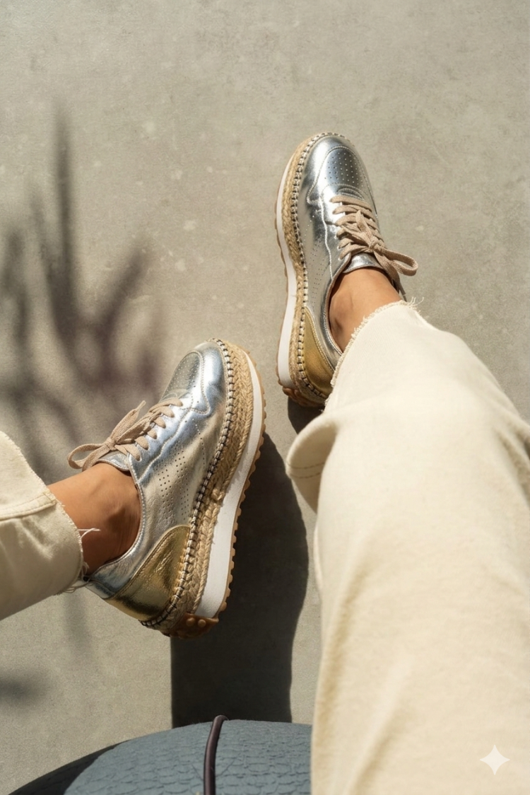 Gümüş & Bej Deri Detaylı Hakiki Deri Sneaker Espadril