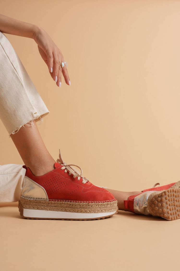 Mercan Süet & Gümüş Detaylı Hakiki Deri Sneaker Espadril