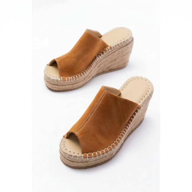 Taba Süet Hakiki Deri Dolgu Topuk Espadril Sandalet