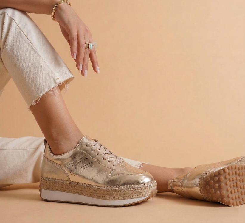 Altın & Bej Süet Detaylı Hakiki Deri Sneaker Espadril