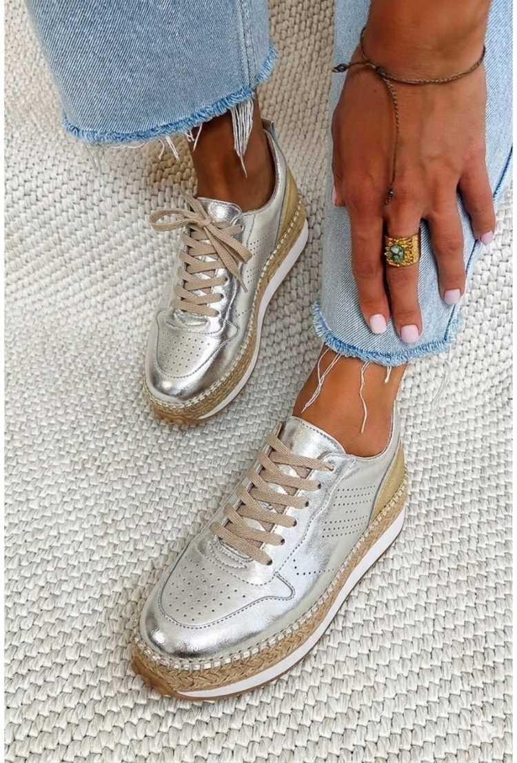 Gümüş & Bej Deri Detaylı Hakiki Deri Sneaker Espadril