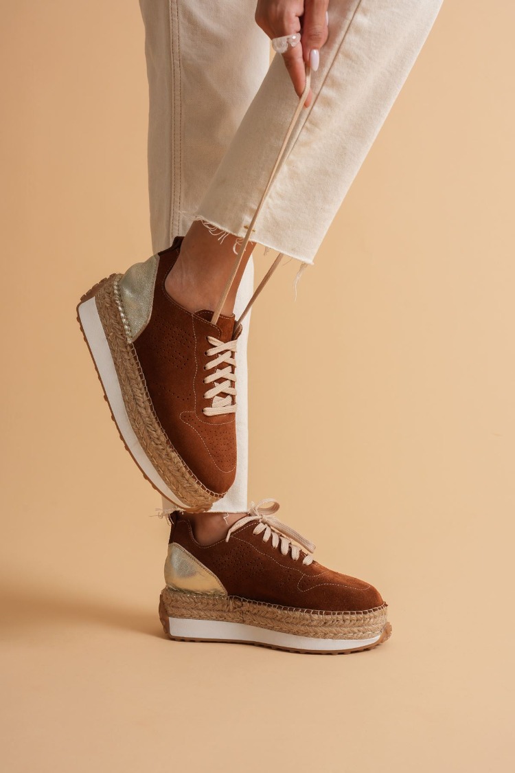 Taba Süet & Altın Detaylı Hakiki Deri Sneaker Espadril