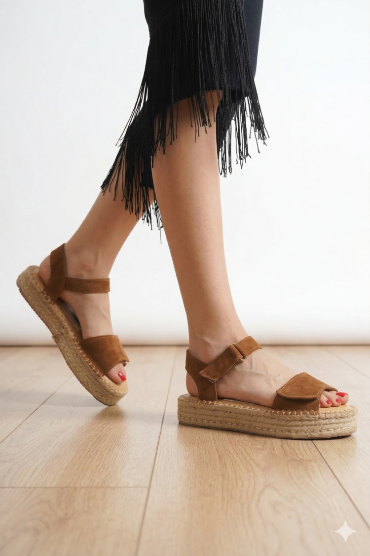 Taba Süet Hakiki Deri Günlük Sandalet Espadril Ayakkabı