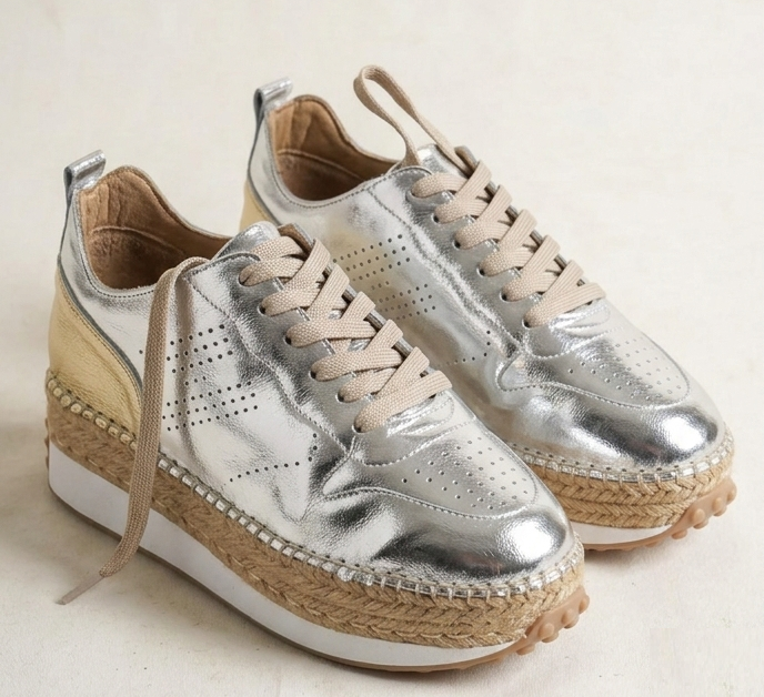 Gümüş & Bej Deri Detaylı Hakiki Deri Sneaker Espadril