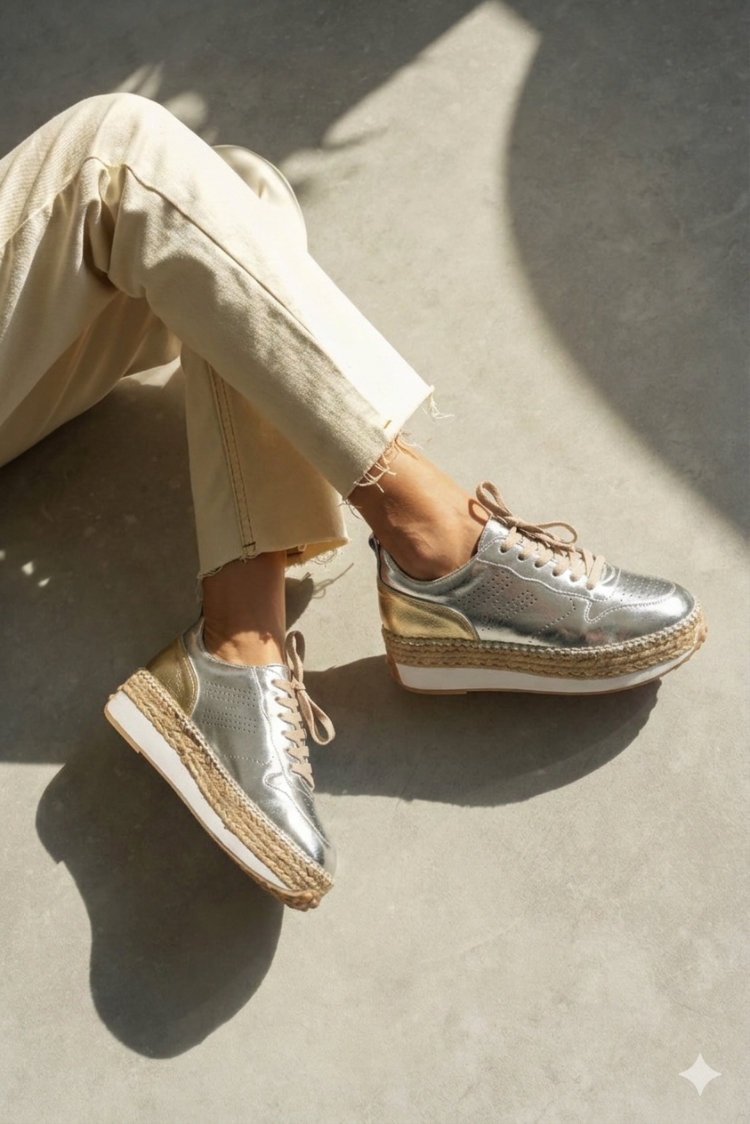 Gümüş & Bej Deri Detaylı Hakiki Deri Sneaker Espadril