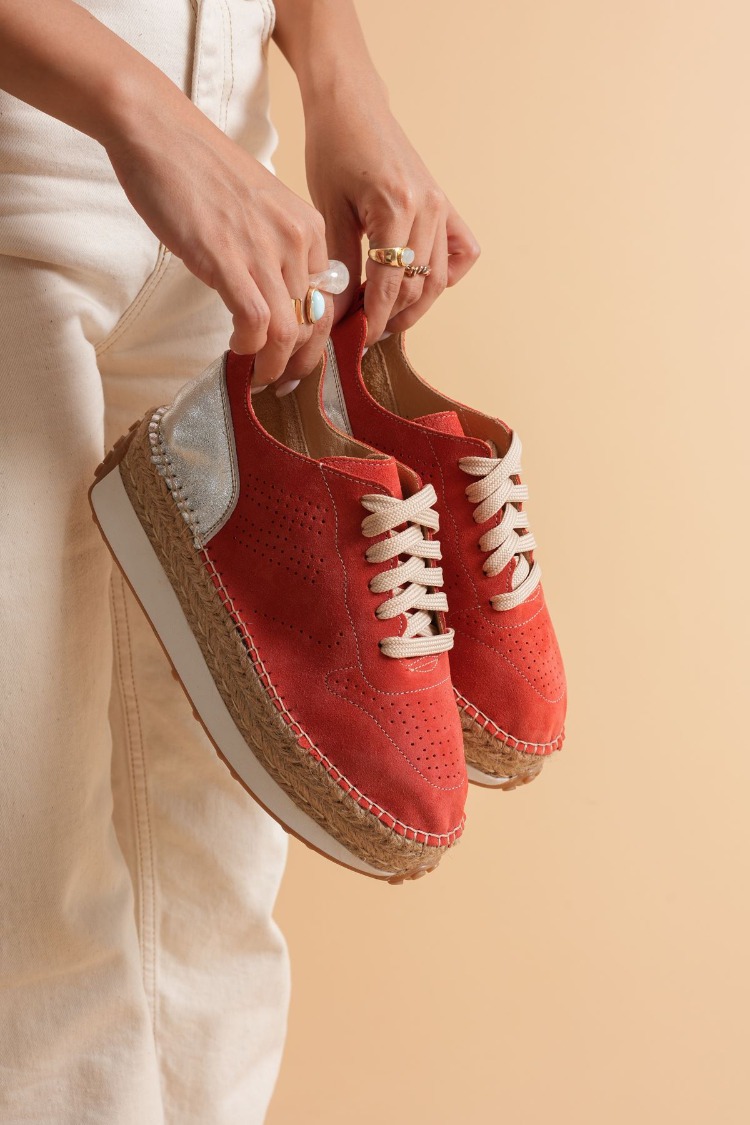 Mercan Süet & Gümüş Detaylı Hakiki Deri Sneaker Espadril