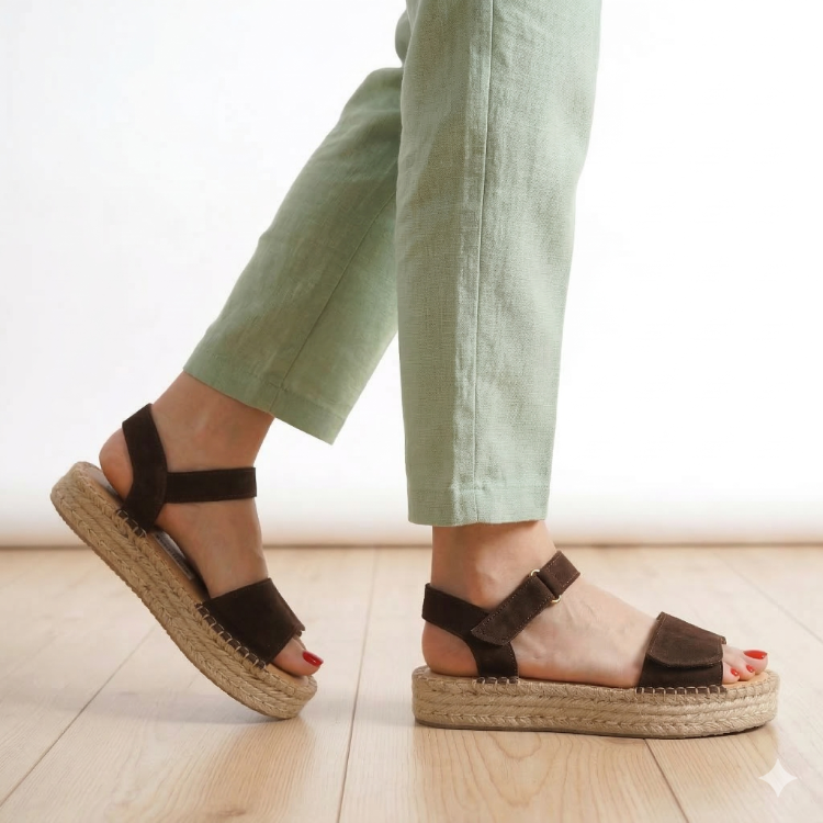Kahve Süet Hakiki Deri Günlük Sandalet Espadril Ayakkabı