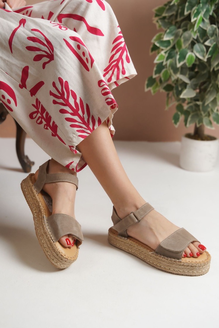 Bej Süet Hakiki Deri Günlük Sandalet Espadril Ayakkabı