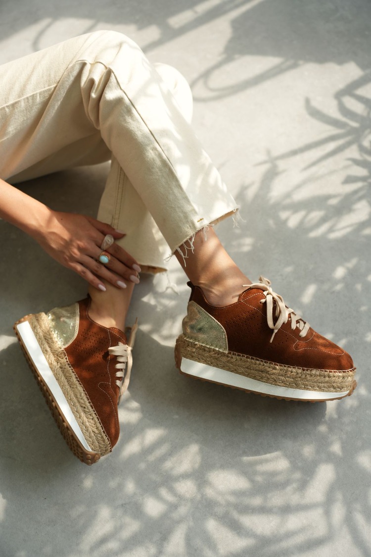 Taba Süet & Altın Detaylı Hakiki Deri Sneaker Espadril