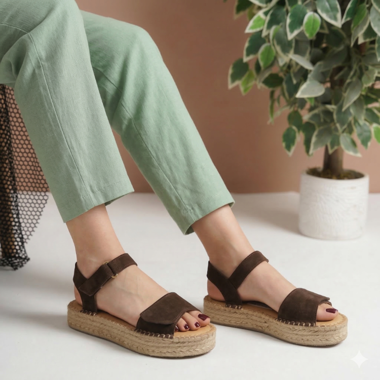 Kahve Süet Hakiki Deri Günlük Sandalet Espadril Ayakkabı