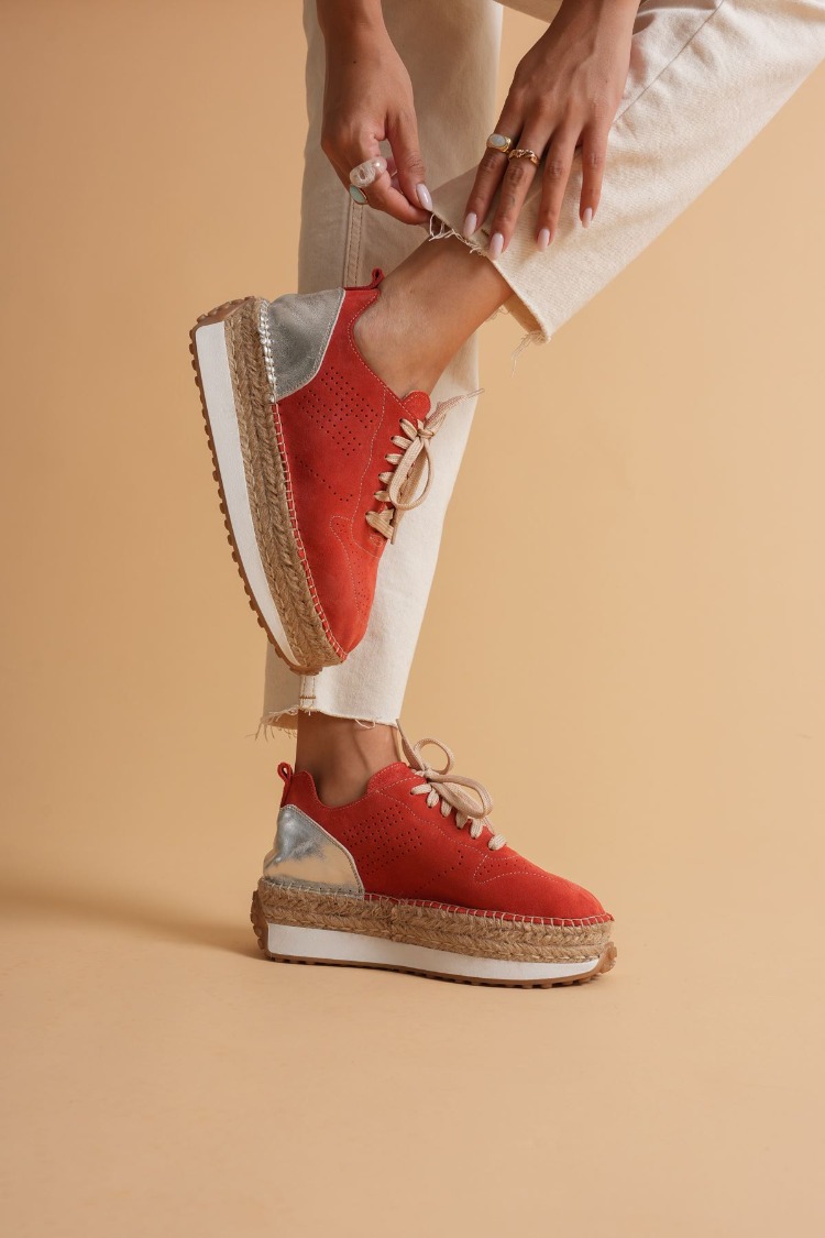 Mercan Süet & Gümüş Detaylı Hakiki Deri Sneaker Espadril