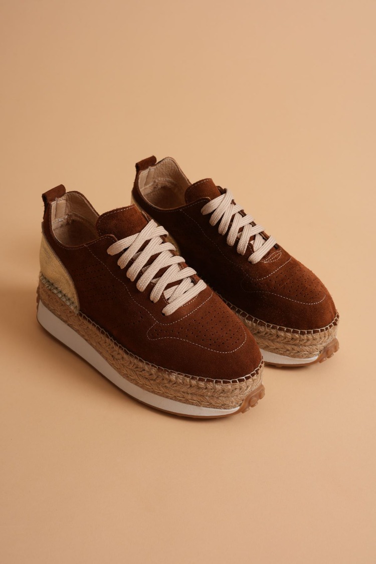 Taba Süet & Altın Detaylı Hakiki Deri Sneaker Espadril