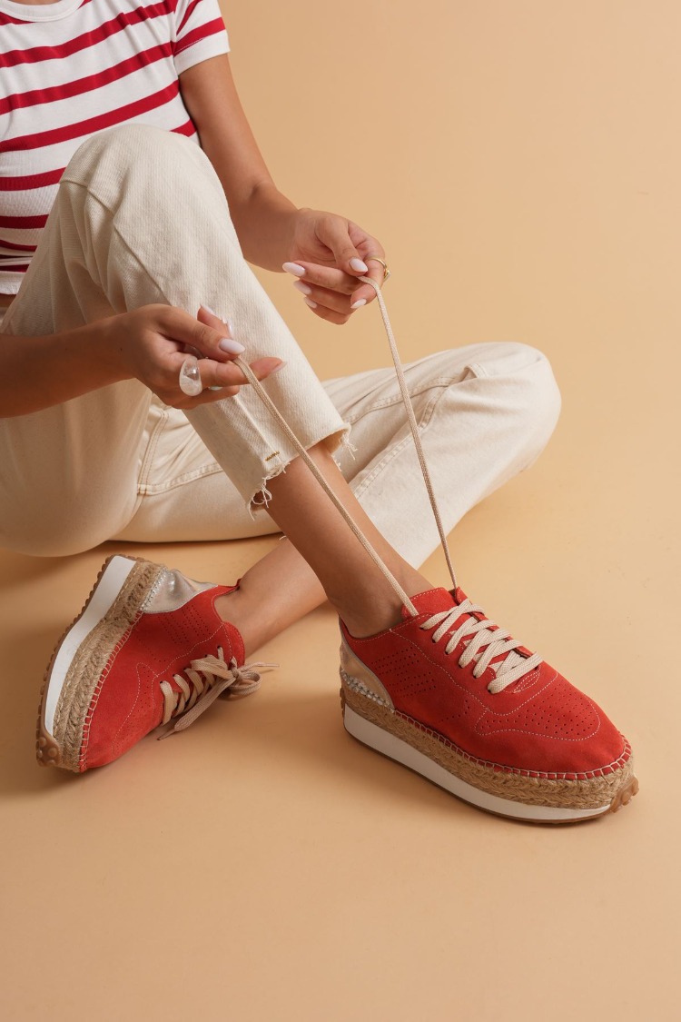 Mercan Süet & Gümüş Detaylı Hakiki Deri Sneaker Espadril