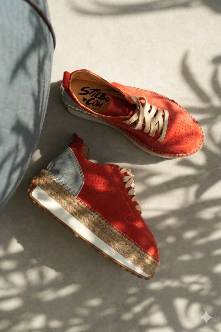 Mercan Süet & Gümüş Detaylı Hakiki Deri Sneaker Espadril