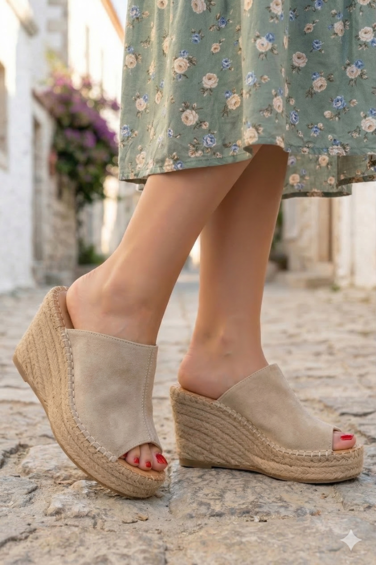 Bej Süet Hakiki Deri Dolgu Topuk Espadril Sandalet