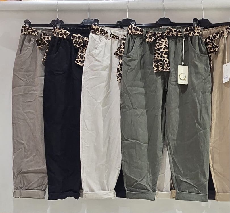 İtalyan Leopar Kemerli Coton Pantolon