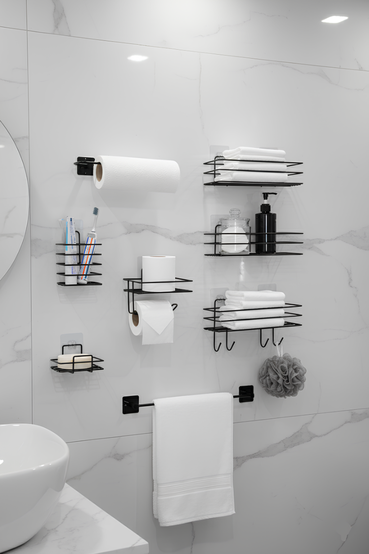 Yapışkanlı Siyah Metal Banyo ve Mutfak Organizer Raf Seti | Delmesiz Duvar Askılığı