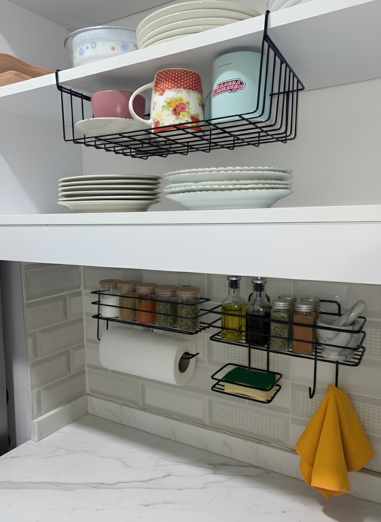 Yapışkanlı Siyah Metal Banyo ve Mutfak Organizer Raf Seti | Delmesiz Duvar Askılığı