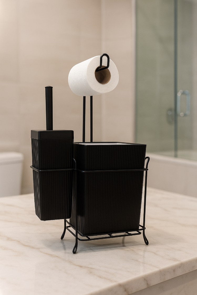 Siyah Demir Standlı Tuvalet Fırçalığı ve Çöp Kovası Seti – Modern Banyo Aksesuarı
