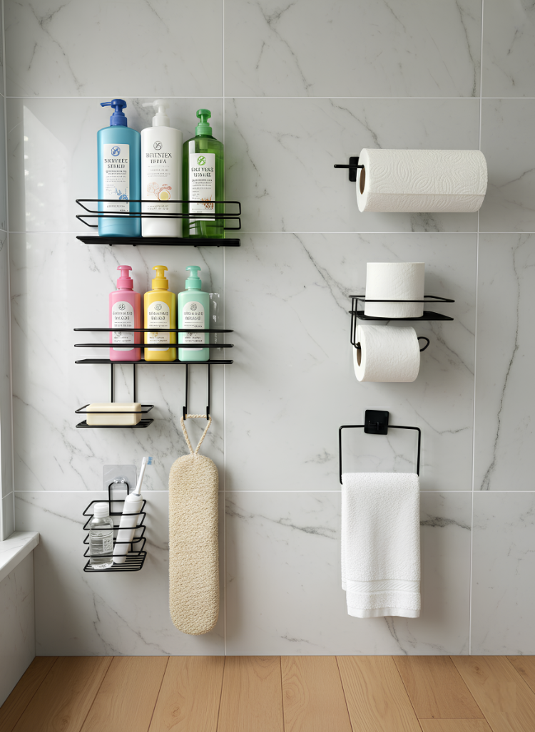 Yapışkanlı Siyah Metal Banyo ve Mutfak Organizer Raf Seti | Delmesiz Duvar Askılığı
