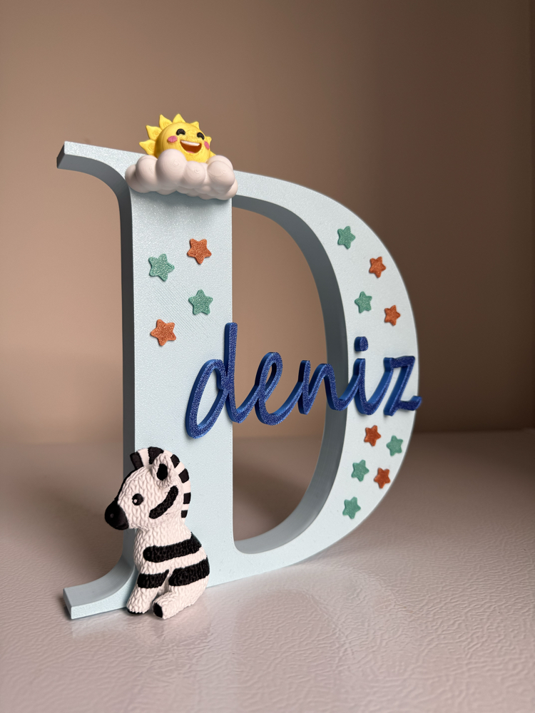 Kişiye Özel İsimli 3D Harf - Bebek Odası Kapı Süsü ve Raf Dekoru (Zebra & Güneş Temalı)