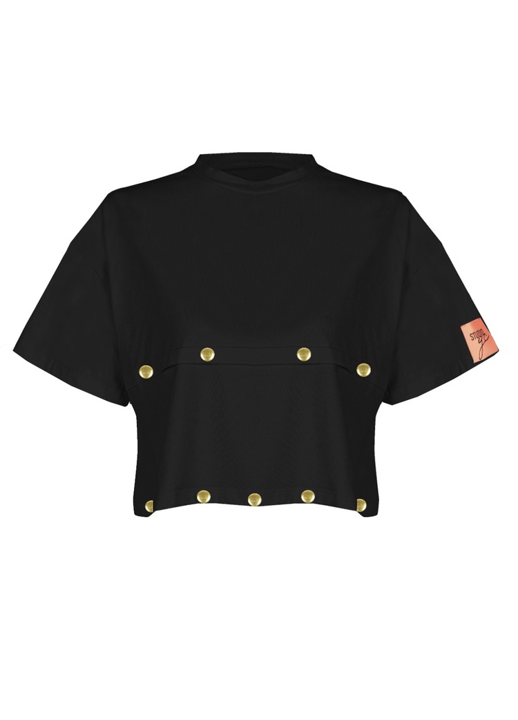 Lilii Beyaz ve Siyah Gold Zımbalı Basic T-shirt (L/XL Beden)