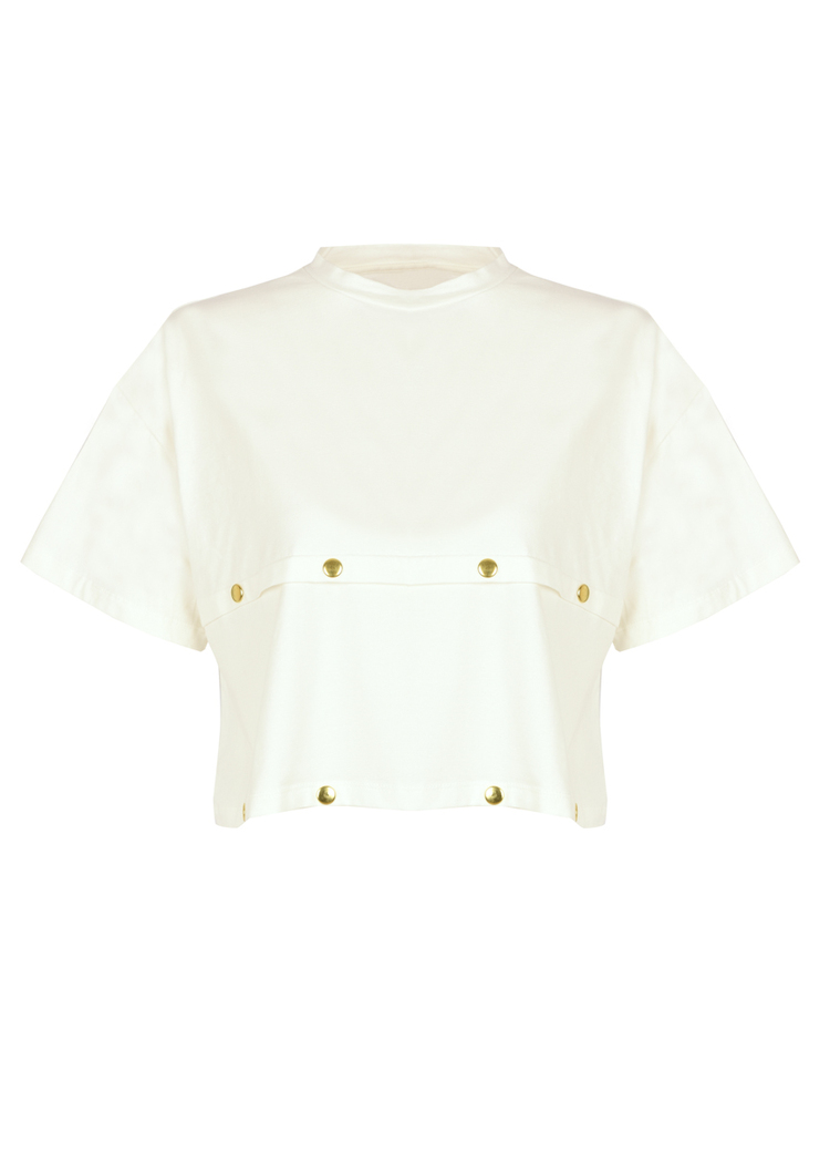 Lilii Beyaz ve Siyah Gold Zımbalı Basic T-shirt (L/XL Beden)