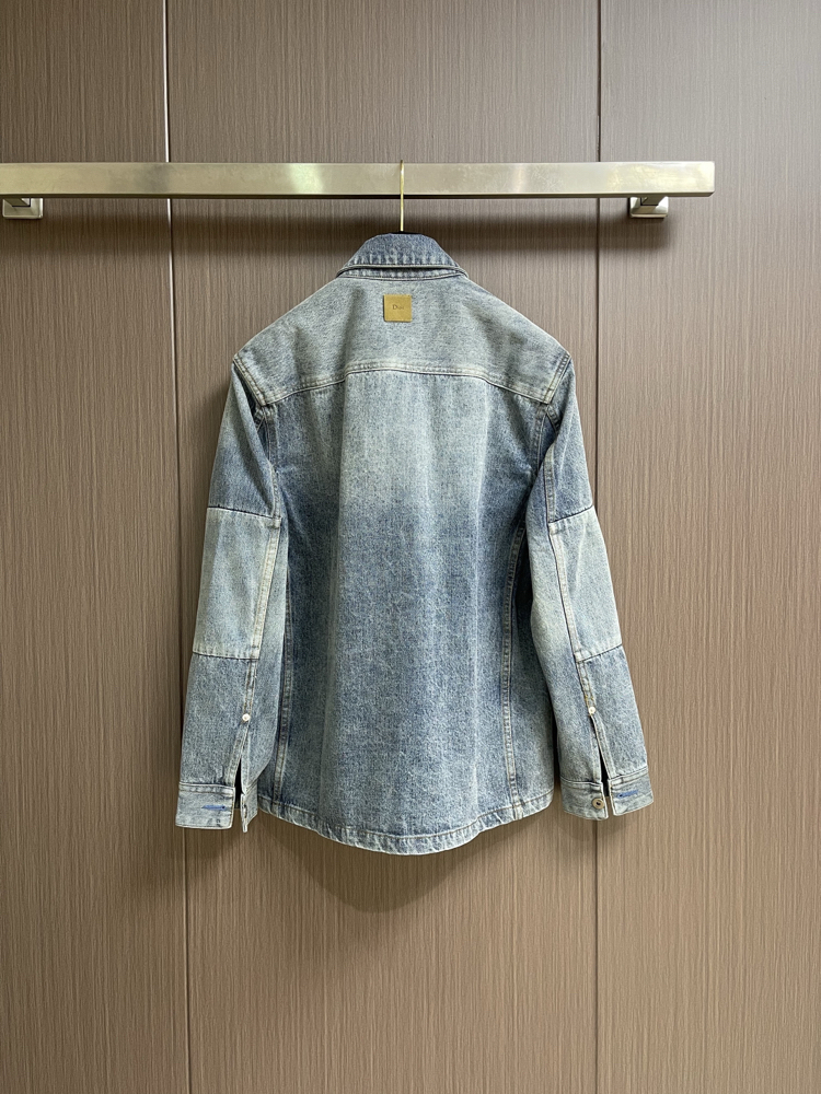 Dior Embroidered Color-Blocked Washed Collar Denim Shirt Jacket