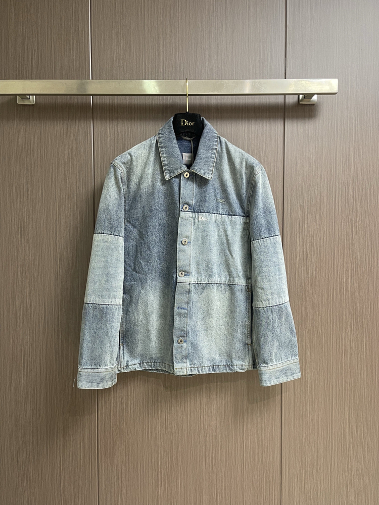 Dior Embroidered Color-Blocked Washed Collar Denim Shirt Jacket