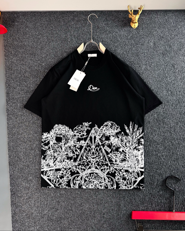 Dıor Two-Tone Ink Painting Print with Embroidery T-shirt