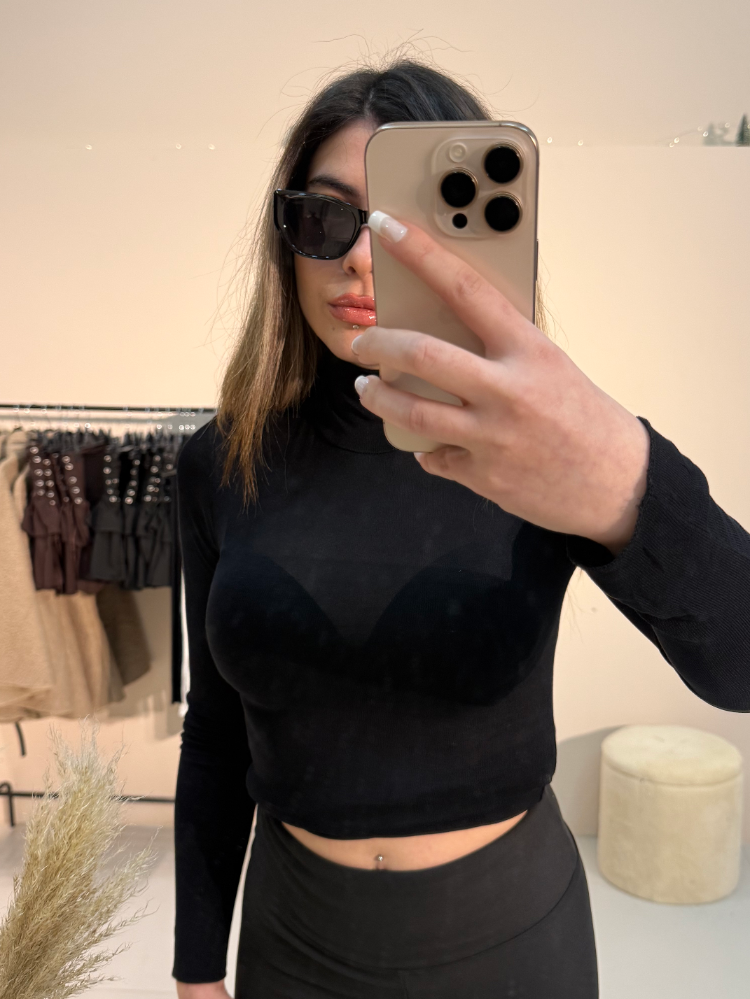 Balıkçı Yaka Transparan Bluz Siyah